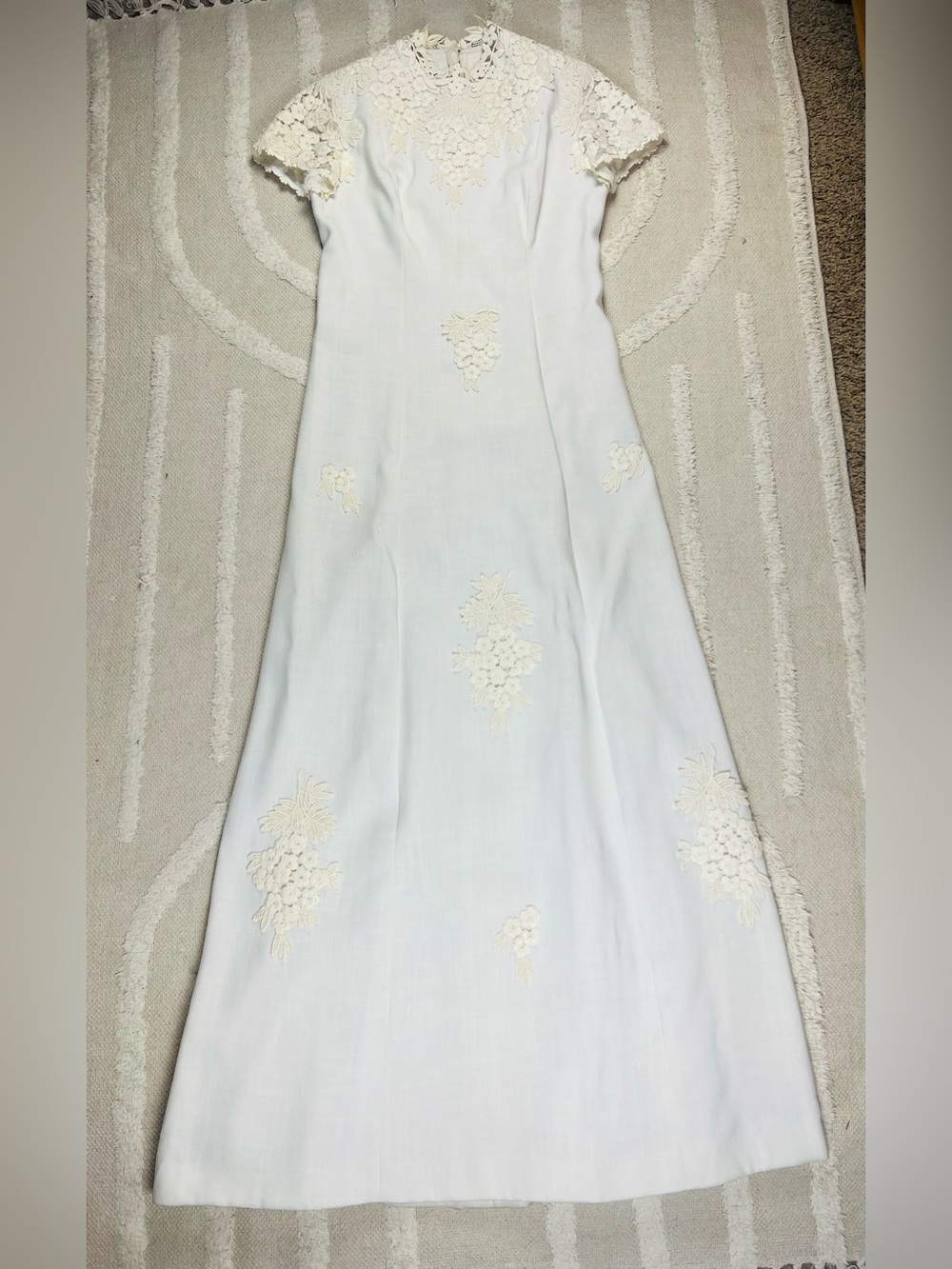 VTG 60s/70s UnionTagMidCenturyWeddingGown EmbroideredEyelet MaxiFloorLengthDress